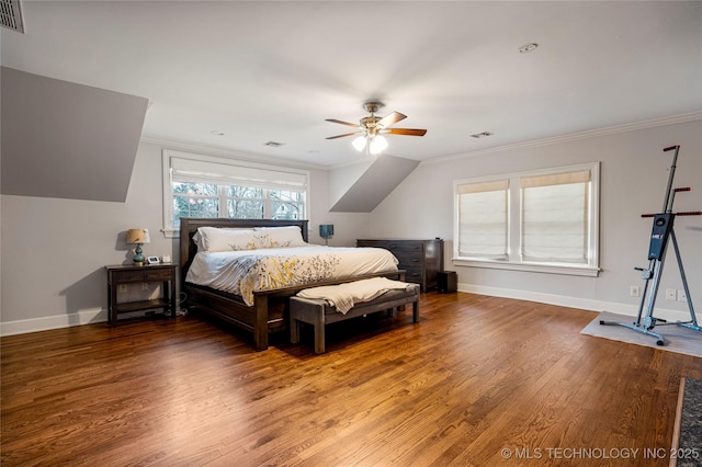 bedroom featuring hardwood / wood-style floors, ceiling fan, and ornamental molding