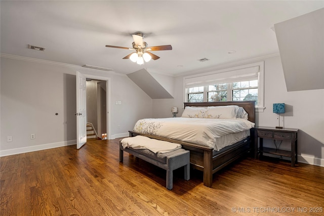 bedroom with wood-type flooring, ceiling fan, and crown molding