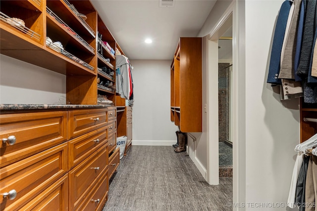 spacious closet featuring dark wood-type flooring