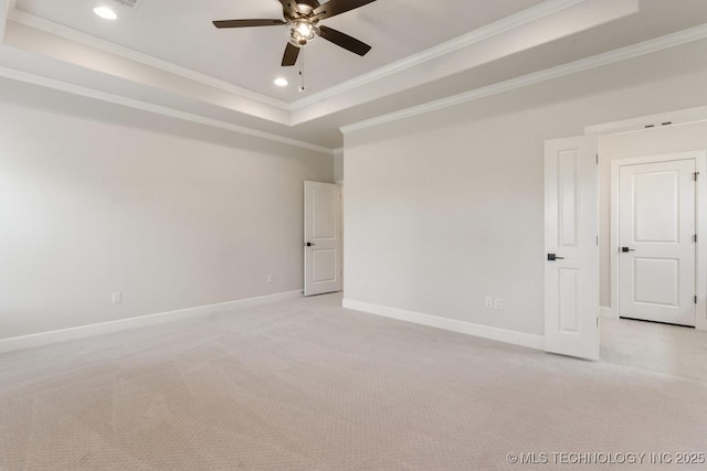 223 W 172nd St S, Mounds, OK 74047 - unfurnished room with a tray ceiling, crown molding, a ceiling fan, light colored carpet, and recessed lighting