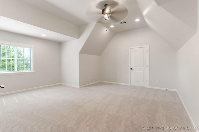 223 W 172nd St S, Mounds, OK 74047 - additional living space featuring light colored carpet, a ceiling fan, lofted ceiling, and recessed lighting