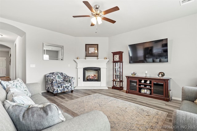 living room with ceiling fan and hardwood / wood-style floors