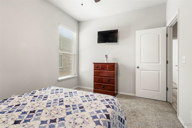 bedroom featuring ceiling fan and carpet