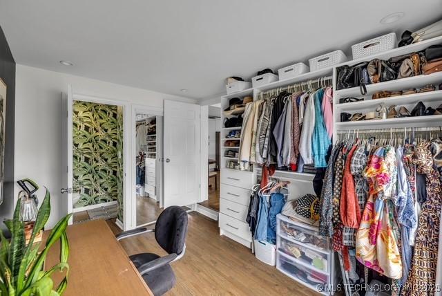 walk in closet with hardwood / wood-style flooring