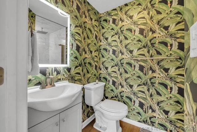 bathroom featuring toilet, vanity, and wood-type flooring