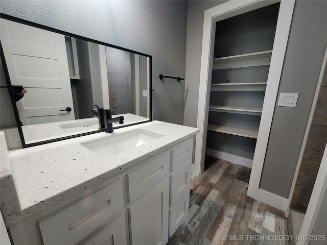 bathroom with hardwood / wood-style floors and vanity