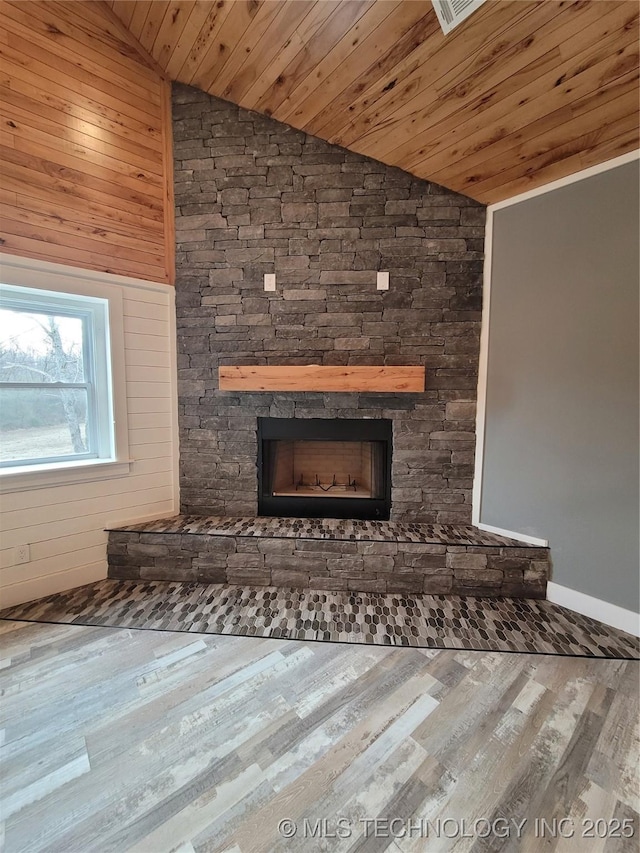 details featuring wood walls, wood ceiling, a fireplace, and wood-type flooring