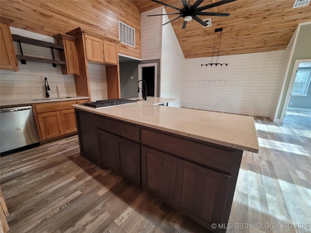 kitchen featuring wood ceiling, stainless steel appliances, dark wood-type flooring, pendant lighting, and sink