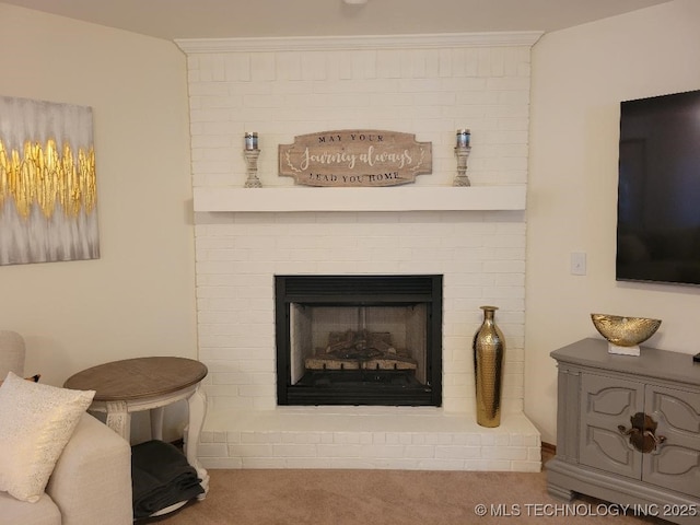 interior details featuring carpet and a fireplace