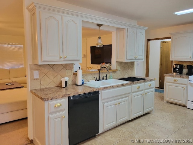 kitchen with sink, black dishwasher, white cabinetry, and backsplash