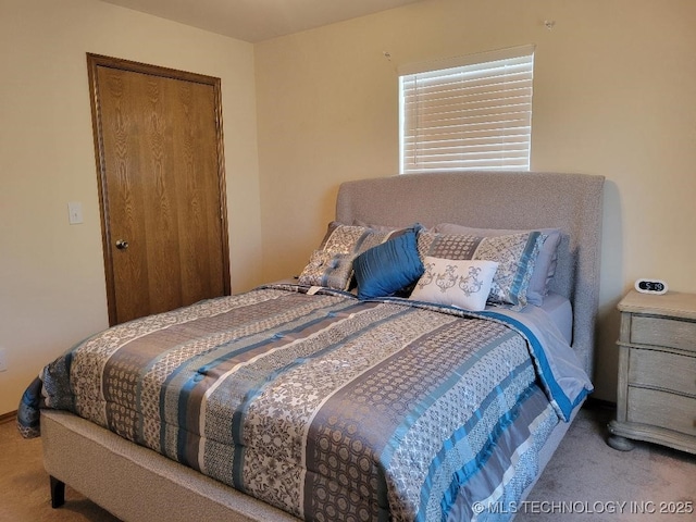 bedroom with light colored carpet and a closet