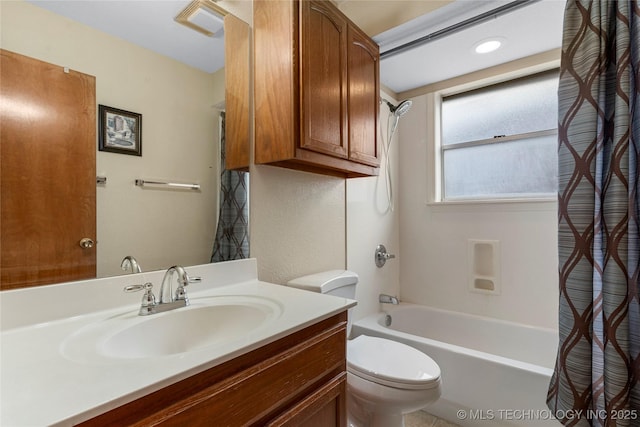 full bathroom with toilet, shower / tub combo, and vanity