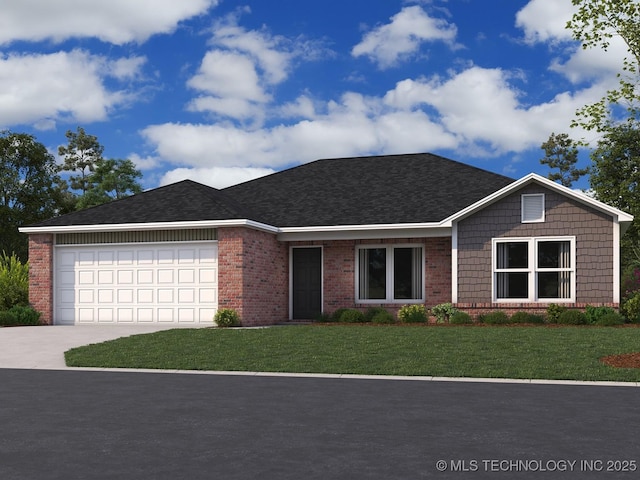 ranch-style house with a garage and a front lawn