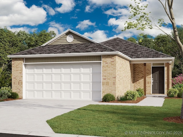 view of front of house with a front yard and a garage