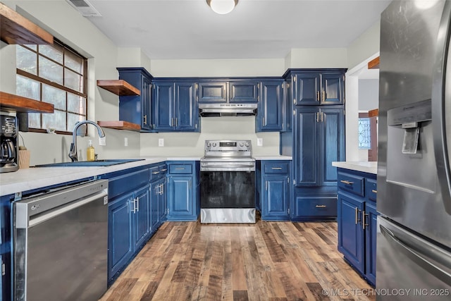 kitchen featuring sink, blue cabinets, hardwood / wood-style flooring, and appliances with stainless steel finishes