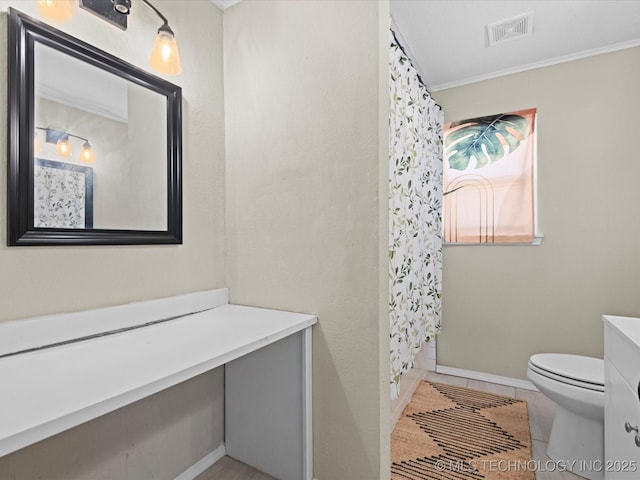 full bathroom featuring tile patterned flooring, toilet, shower / bath combination with curtain, vanity, and crown molding