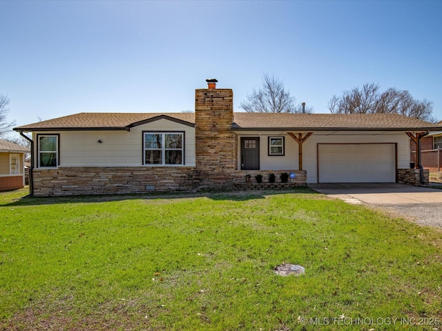 ranch-style house featuring concrete driveway, a front yard, a chimney, stone siding, and an attached garage