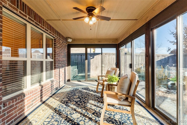 sunroom / solarium featuring ceiling fan and wood ceiling