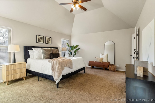 bedroom featuring carpet flooring, ceiling fan, and vaulted ceiling