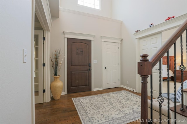 foyer entrance with dark hardwood / wood-style flooring and a high ceiling