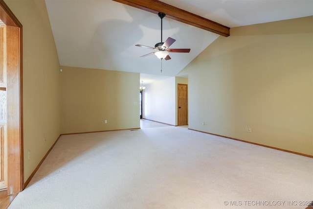 unfurnished living room with light carpet, ceiling fan with notable chandelier, and vaulted ceiling with beams