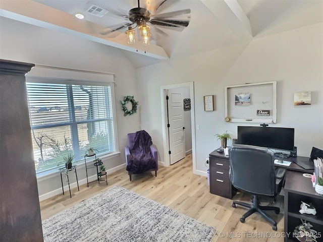 office with ceiling fan, light hardwood / wood-style floors, and vaulted ceiling