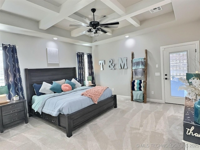 carpeted bedroom featuring coffered ceiling, access to exterior, ceiling fan, and beamed ceiling