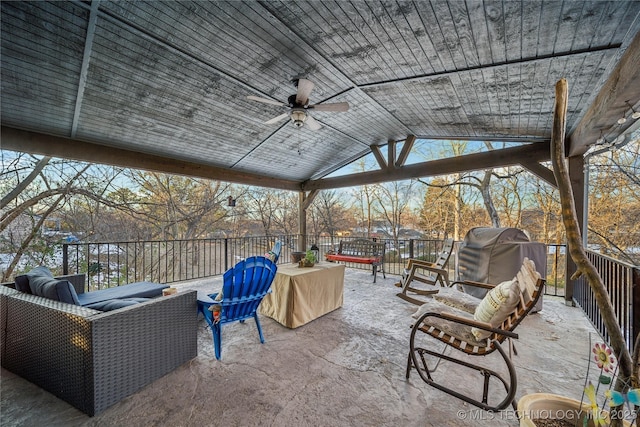 view of patio with ceiling fan and outdoor lounge area