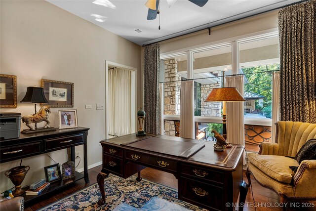 office area featuring ceiling fan and wood-type flooring