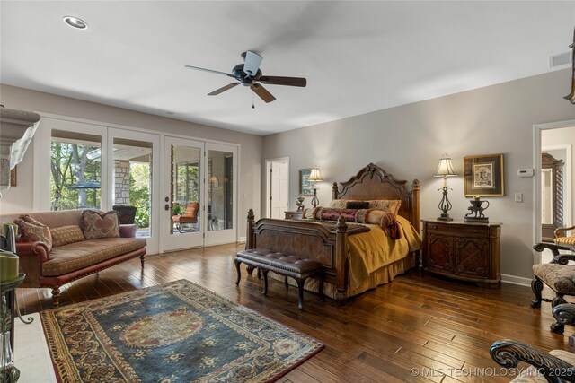 bedroom with french doors, ceiling fan, access to outside, and dark wood-type flooring