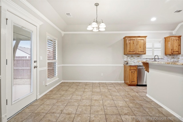 kitchen featuring stainless steel dishwasher, light tile patterned flooring, a notable chandelier, and tasteful backsplash