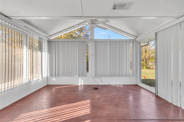 unfurnished sunroom with lofted ceiling and ceiling fan