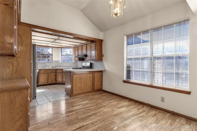 kitchen with kitchen peninsula, light hardwood / wood-style flooring, a chandelier, pendant lighting, and stainless steel appliances