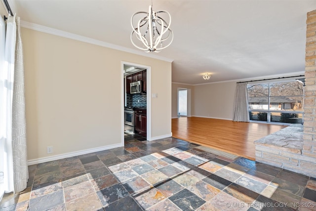 unfurnished dining area featuring an inviting chandelier and ornamental molding