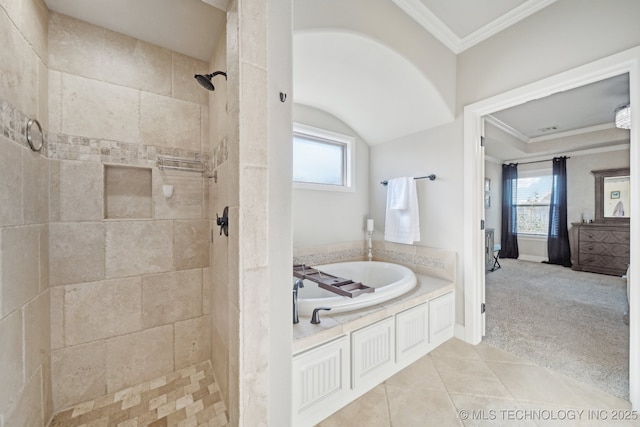 bathroom featuring a healthy amount of sunlight, crown molding, and plus walk in shower