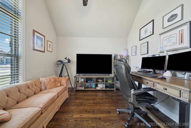 office with lofted ceiling and dark hardwood / wood-style flooring