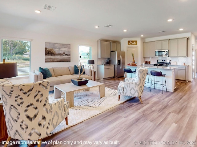 living room featuring light hardwood / wood-style floors and sink