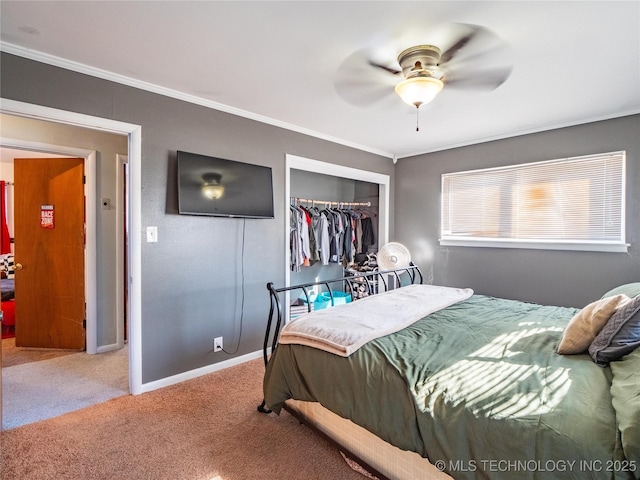 carpeted bedroom featuring ceiling fan, ornamental molding, and a closet