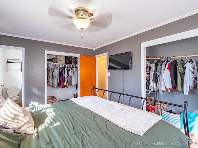 bedroom featuring ceiling fan, multiple closets, and crown molding