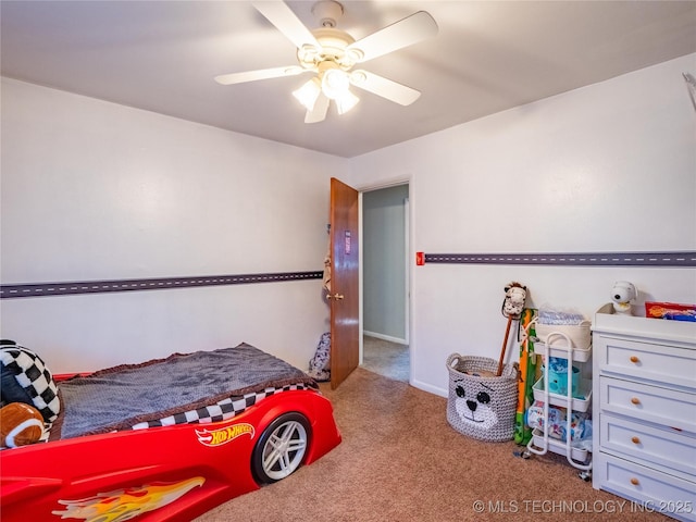 bedroom with ceiling fan and light colored carpet