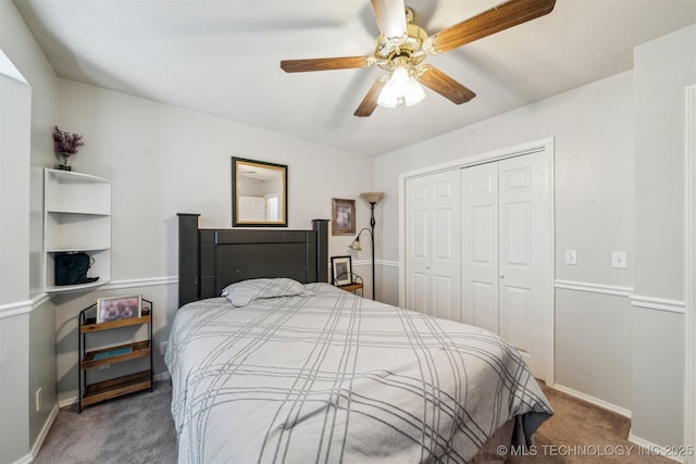 bedroom featuring a closet, ceiling fan, and light colored carpet