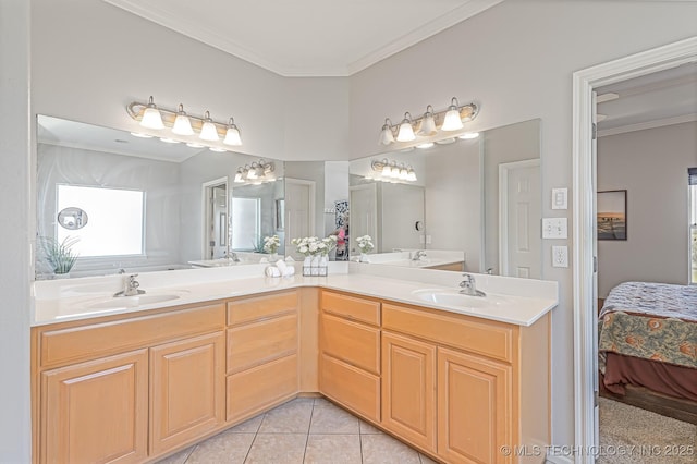 bathroom with vanity, tile patterned floors, and crown molding