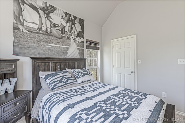 bedroom with lofted ceiling and carpet flooring