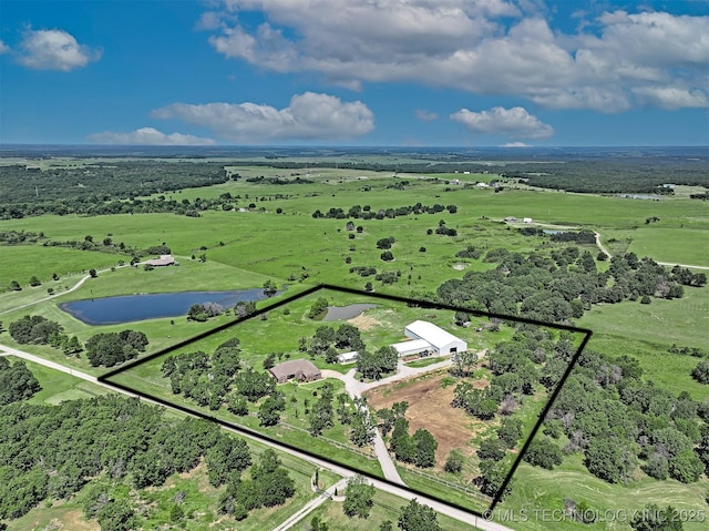 bird's eye view with a rural view and a water view