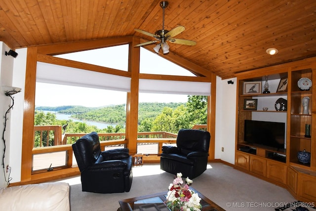 carpeted living room with lofted ceiling, wooden ceiling, and ceiling fan