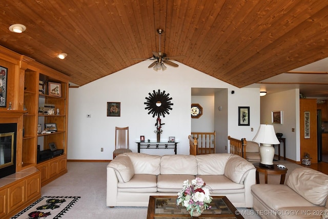 living room with ceiling fan, light carpet, wooden ceiling, and lofted ceiling