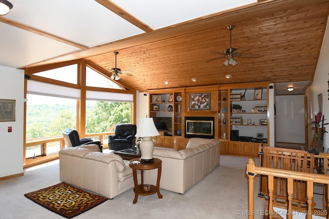 living room with lofted ceiling, ceiling fan, wooden ceiling, and light colored carpet