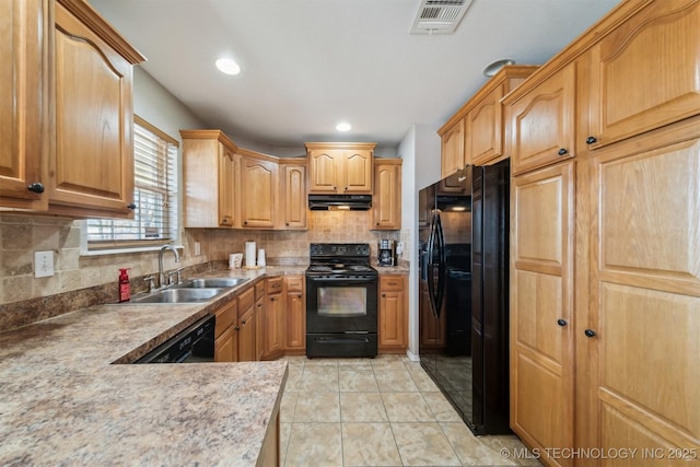 kitchen featuring ventilation hood, backsplash, black appliances, and sink