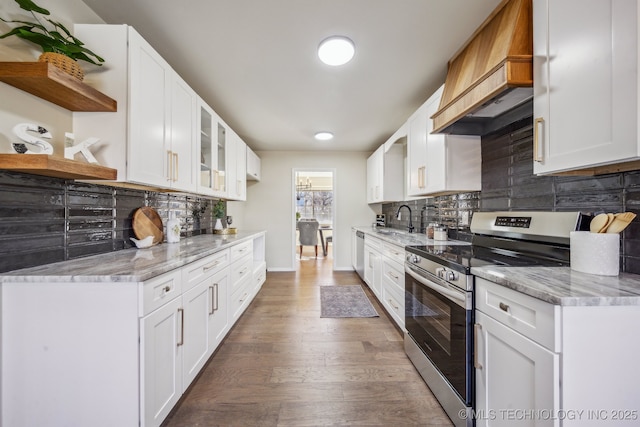 kitchen featuring sink, appliances with stainless steel finishes, custom exhaust hood, and white cabinetry