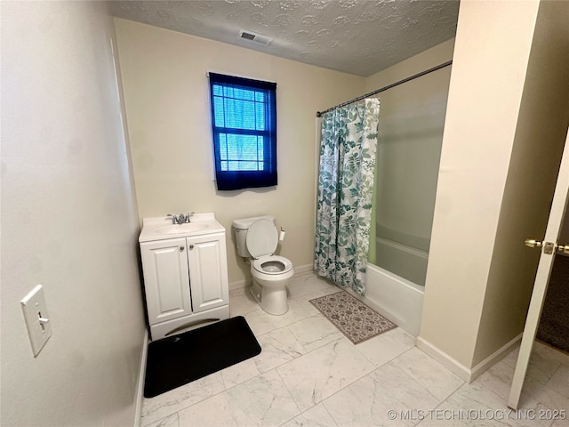 full bathroom with toilet, vanity, shower / bath combo, and a textured ceiling